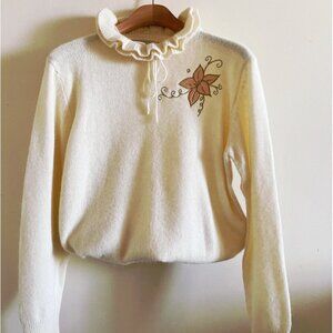 Vintage Cream Ruffle Neck Sweater | Doen Style Romantic Floral Embroidered Knit